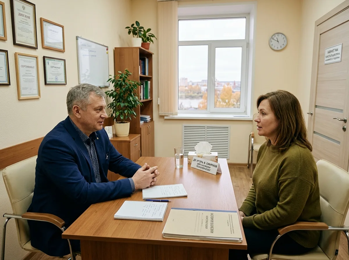 Лечение алкоголизма в Нижнем Новгороде — пациент и врач-нарколог в консультационном кабинете, доверительный разговор, спокойная медицинская обстановка