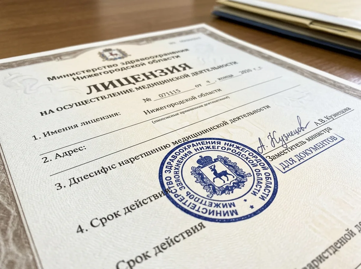 Лицензия Министерства здравоохранения Нижегородской области на осуществление медицинской деятельности — официальный бланк с печатью и подписью, крупный план документа