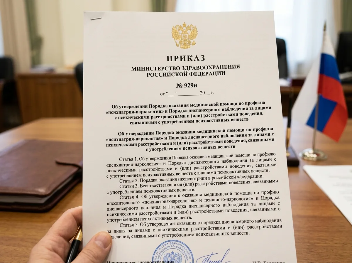 Приказ Министерства здравоохранения Российской Федерации 929н — официальный документ с государственной символикой, регулирующий порядок оказания наркологической помощи